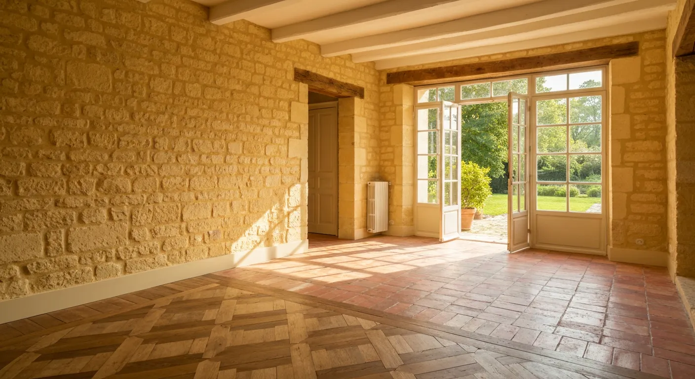 Intérieur d'une échoppe bordelaise rénovée - tons chauds et pierre apparente