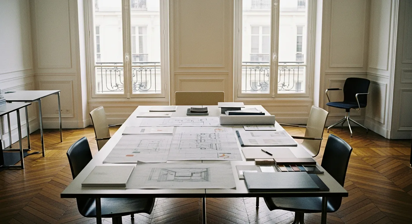 Plans de rénovation d'appartement parisien sur une table en bois