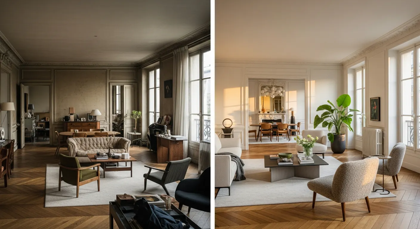 Salon d'appartement parisien rénové avec redistribution des volumes