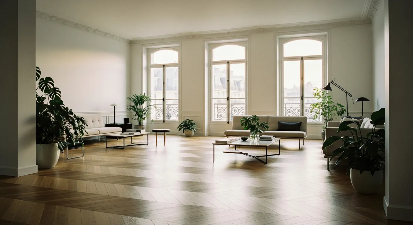 Appartement vide lumineux avec parquet en chevrons et grandes fenêtres françaises