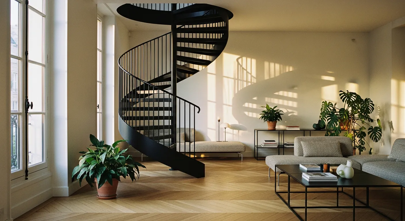 Escalier en métal noir dans un appartement contemporain avec parquet en chevrons