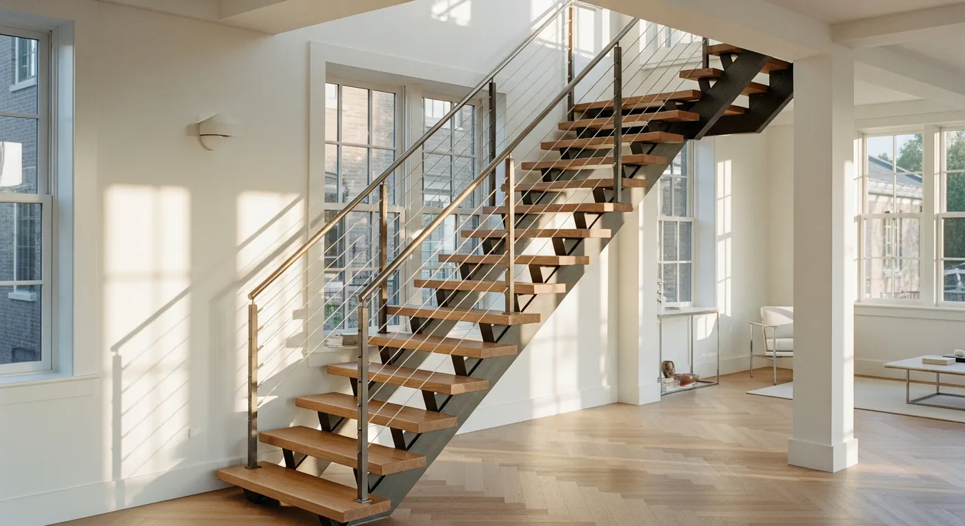 Escalier droit en métal avec marches en bois de chêne et garde-corps câble