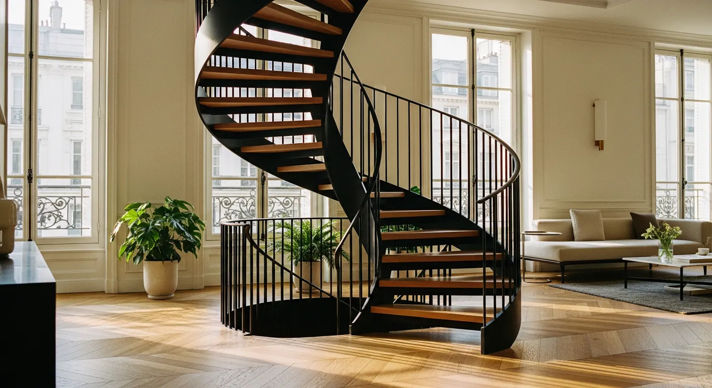 Escalier en colimaçon en acier noir avec marches en bois de chêne dans un appartement contemporain