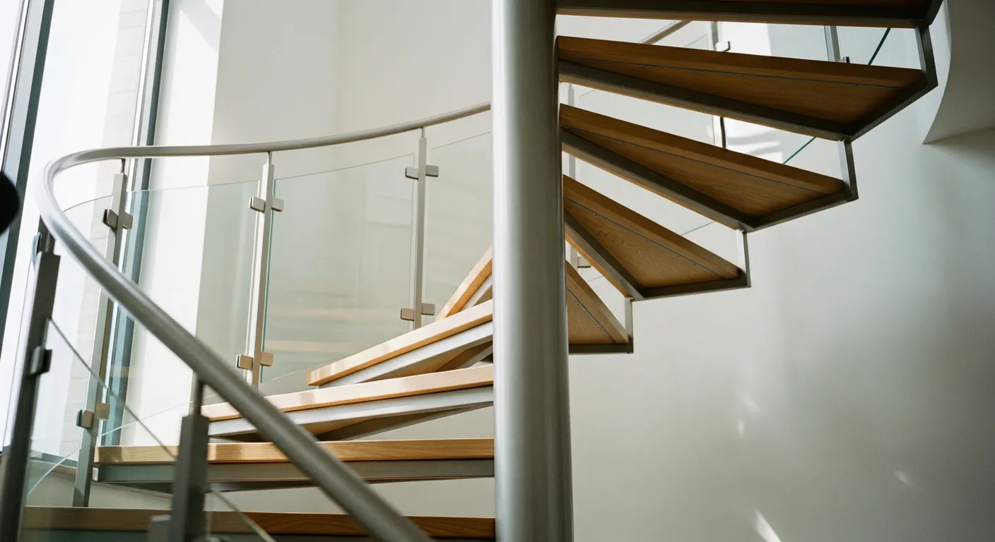 Détail d'un escalier colimaçon mixte acier et bois avec garde-corps en verre