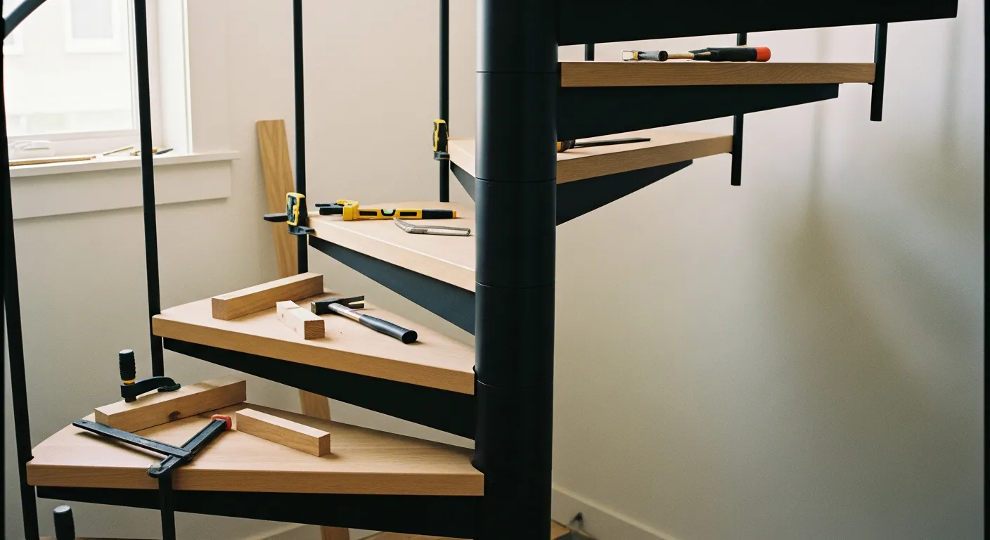 Rénovation d'un escalier en colimaçon métallique avec pose de nouvelles marches en bois