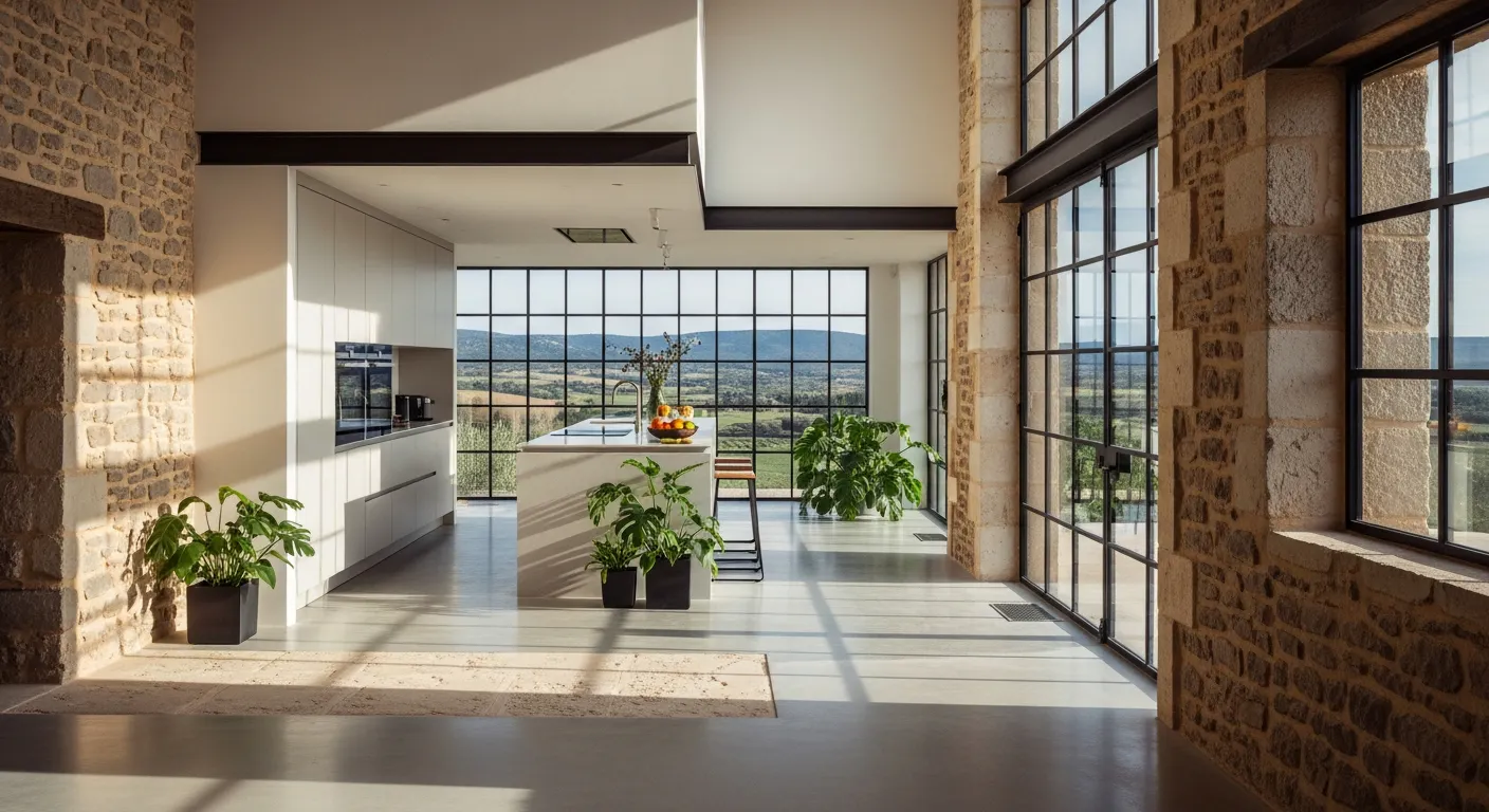 Rénovation intérieure d'un mas provençal près d'Aix-en-Provence, murs en pierre apparente et menuiseries modernes