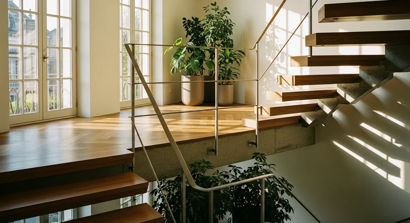Escalier en béton habillé de marches en bois, finition contemporaine et chaleureuse