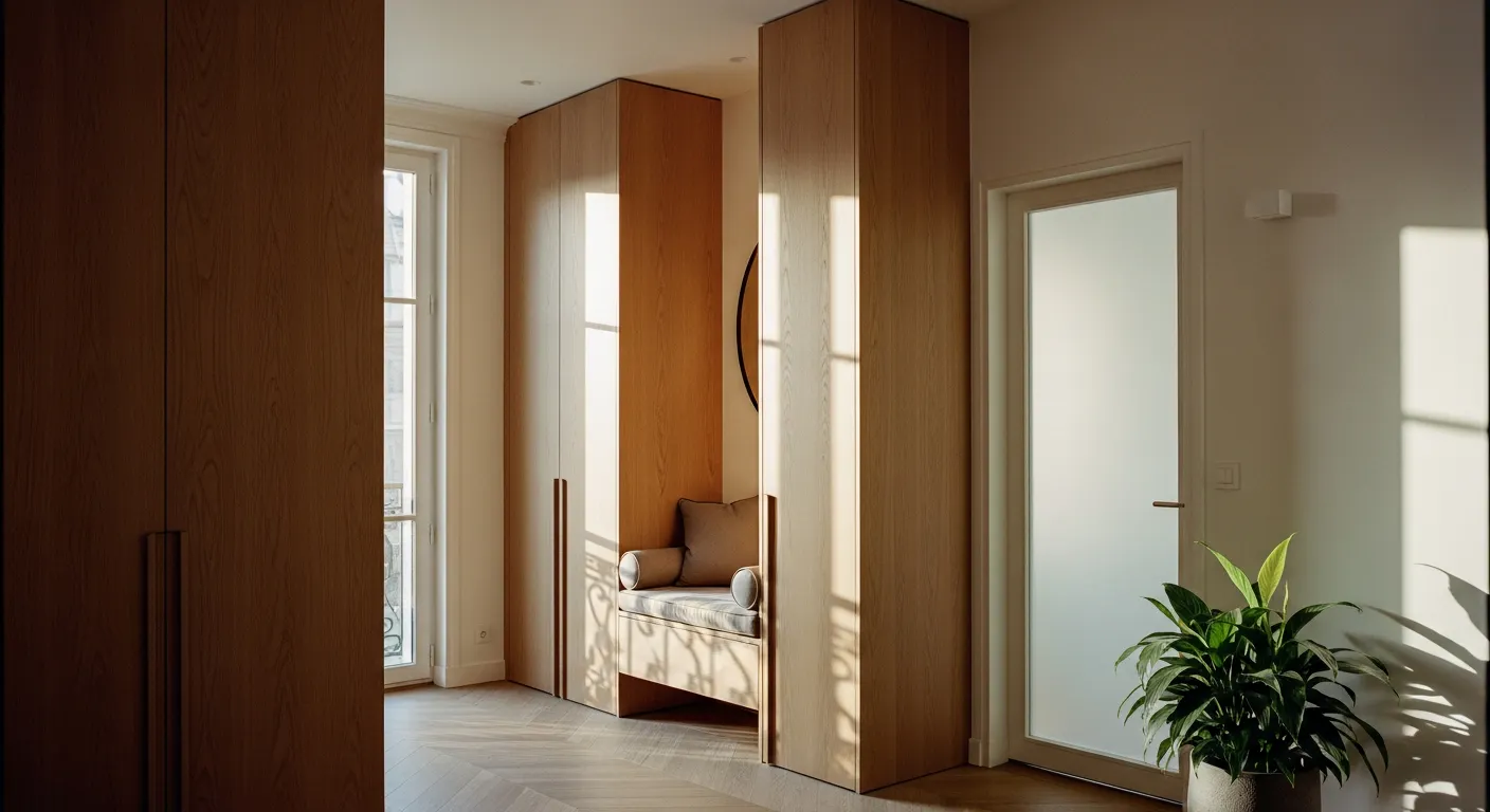 Entrée d'appartement parisien optimisée avec colonnes de rangement sur mesure et banc intégré