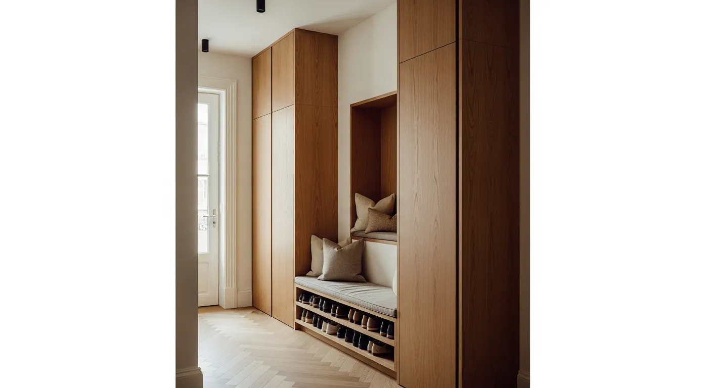 Rangements sur mesure dans une entrée étroite : colonnes, banc et niches intégrées