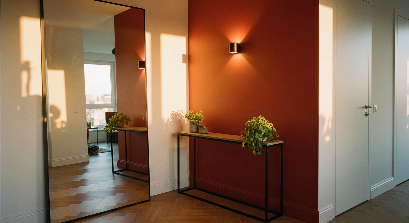 Entrée d'appartement avec grand miroir pleine hauteur, applique murale et mur terracotta