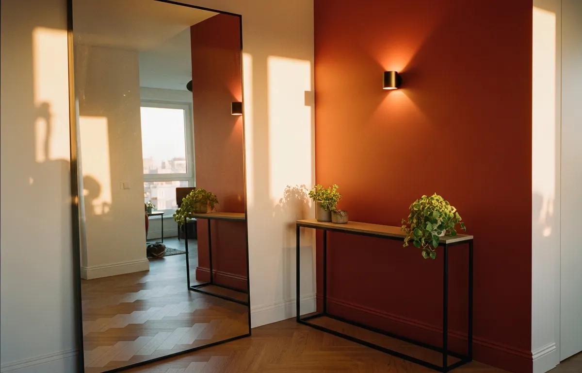Entrée d'appartement avec grand miroir pleine hauteur, applique murale et mur terracotta