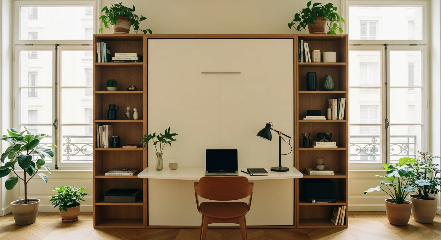 Pièce hybride chambre bureau avec lit escamotable fermé et espace de travail dégagé