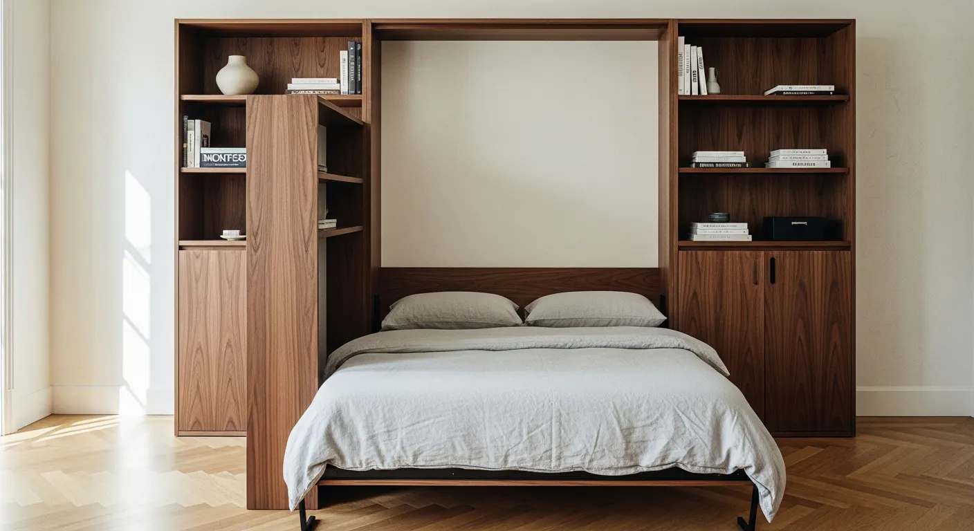 Lit escamotable ouvert avec tablette bureau intégrée et colonnes de rangement dans une chambre bureau