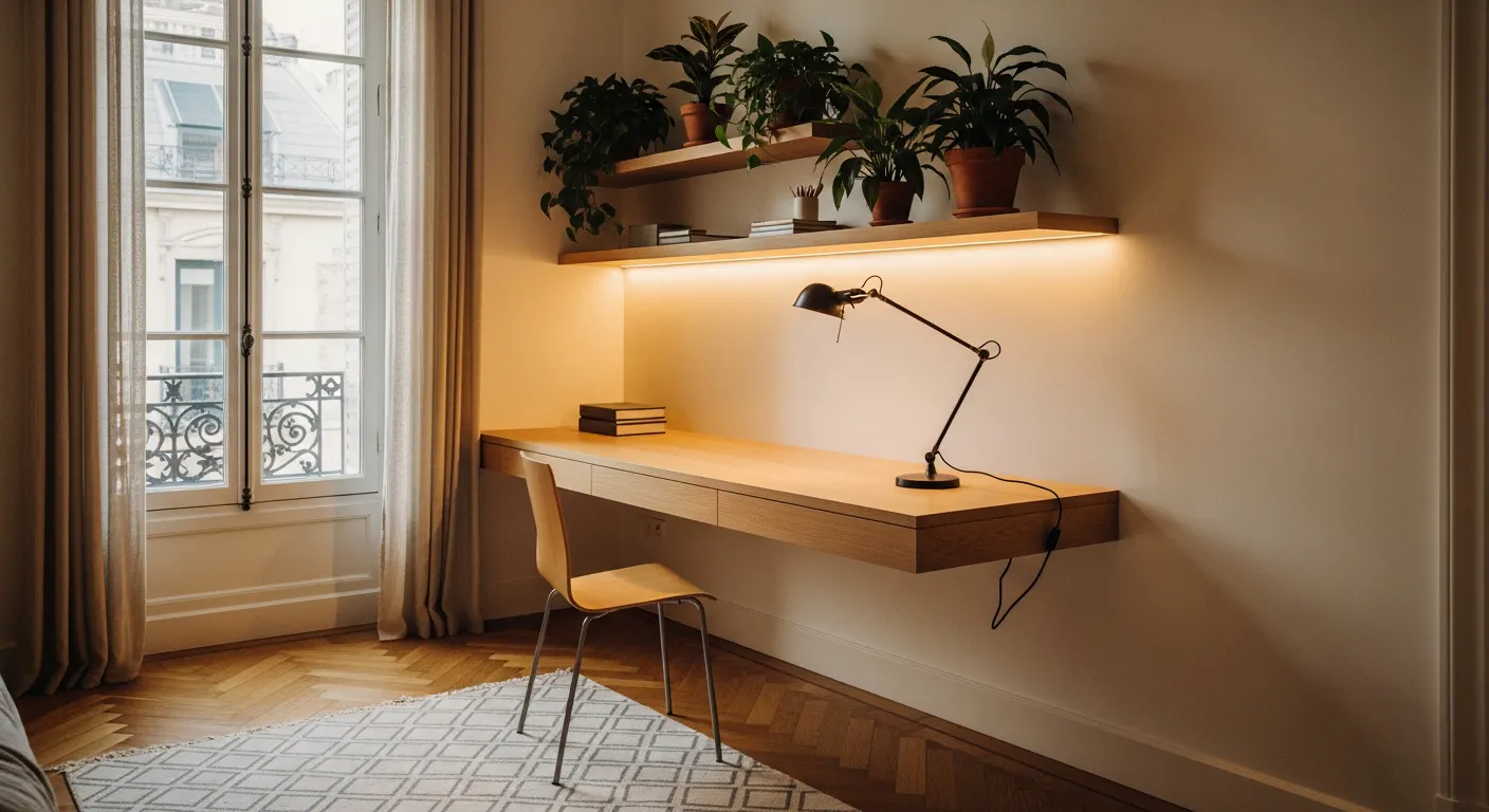 Coin bureau discret dans une chambre avec bureau mural, lampe réglable et éclairage LED indirect