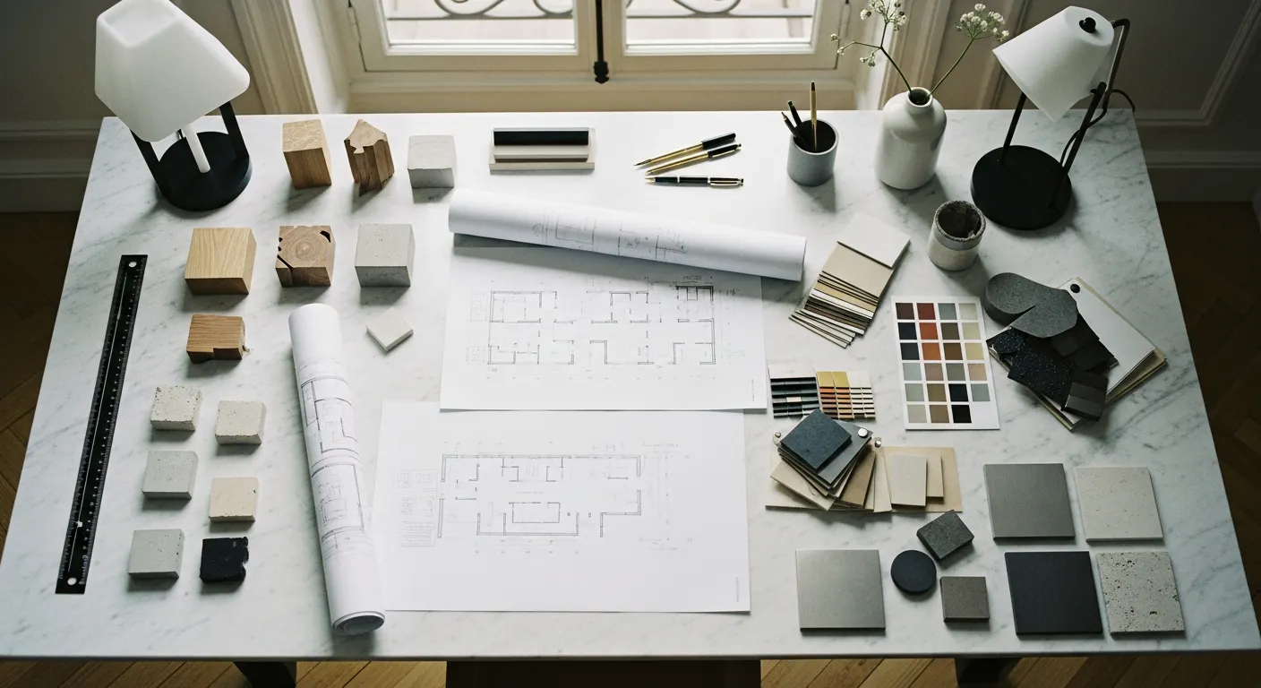Studio d'architecture d'intérieur à Paris avec plans et échantillons de matériaux