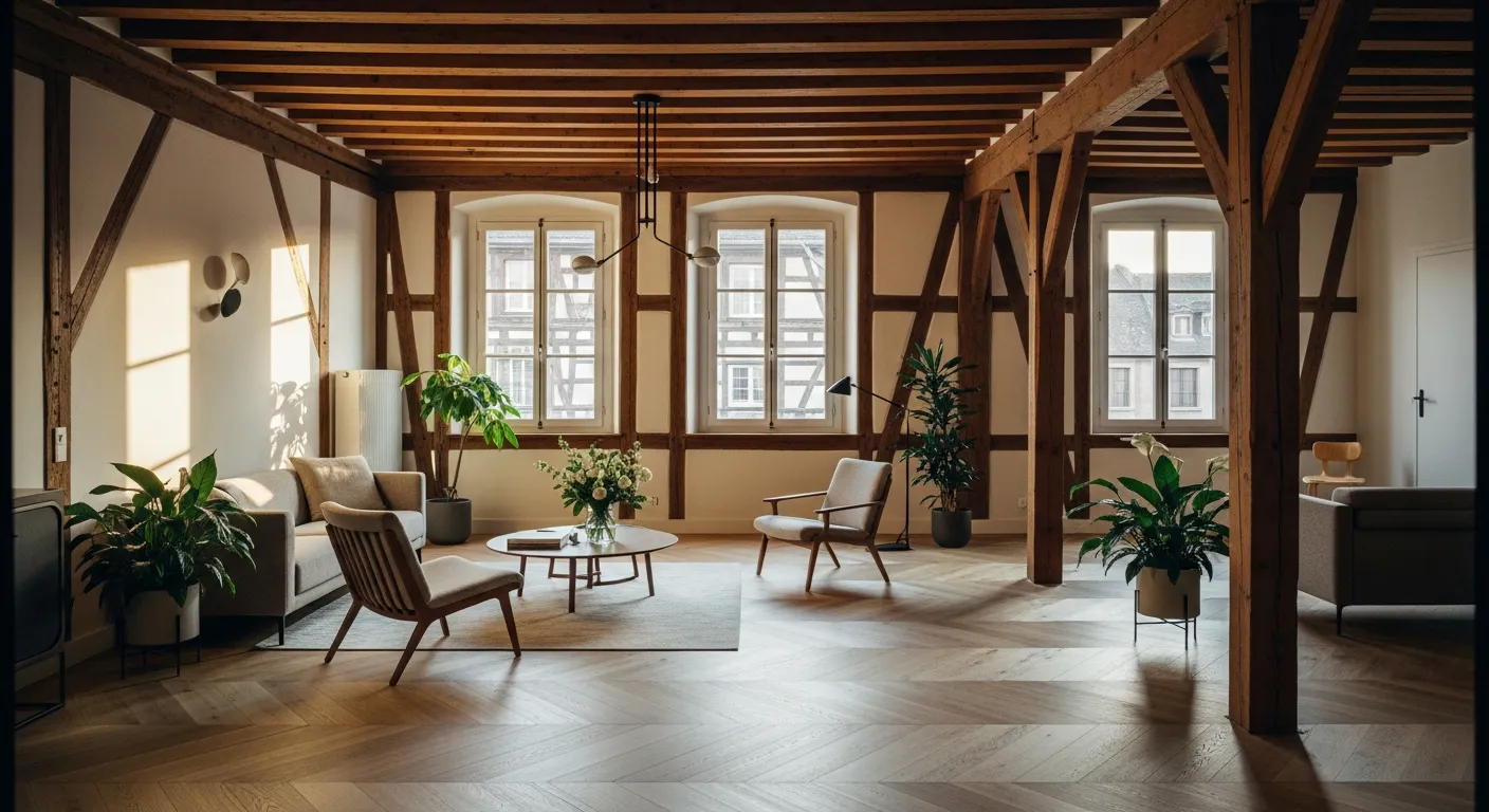 Appartement rénové à Strasbourg avec poutres en bois apparentes et parquet point de Hongrie