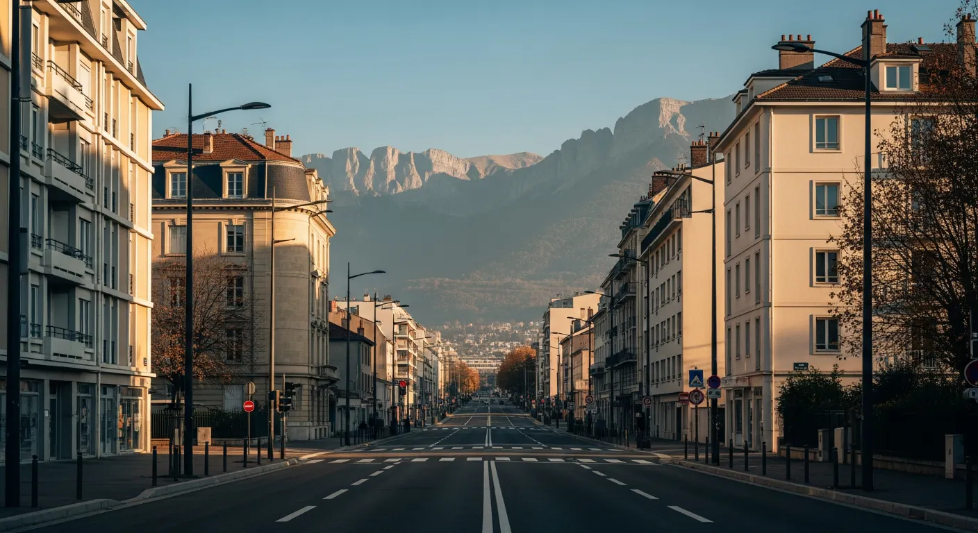 Rue grenobloise avec architecture des années 60 en cours de rénovation et les massifs en arrière-plan