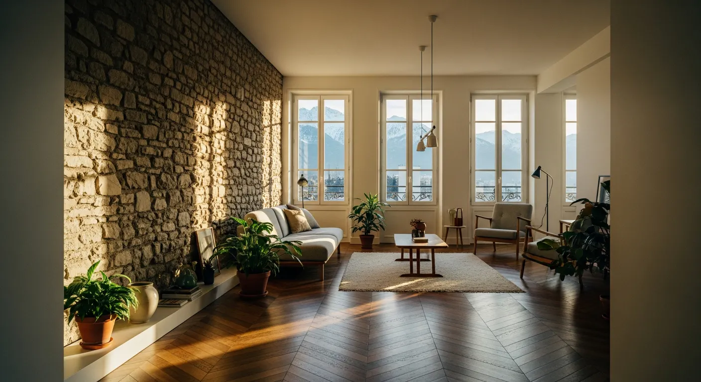 Appartement rénové à Grenoble avec parquet en chevrons et vue sur les Alpes