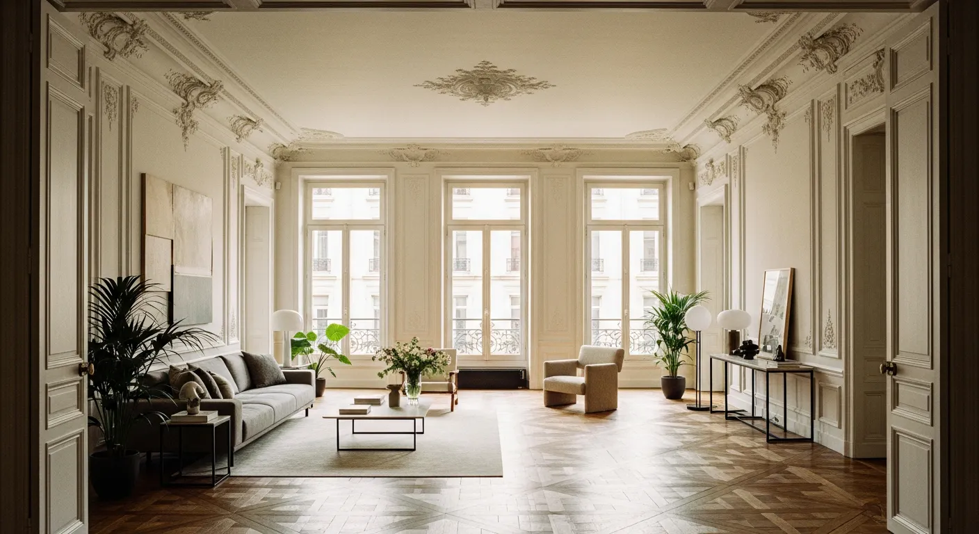Appartement rénové à Lyon par un architecte d'intérieur — salon haussmannien lumineux avec parquet point de Hongrie