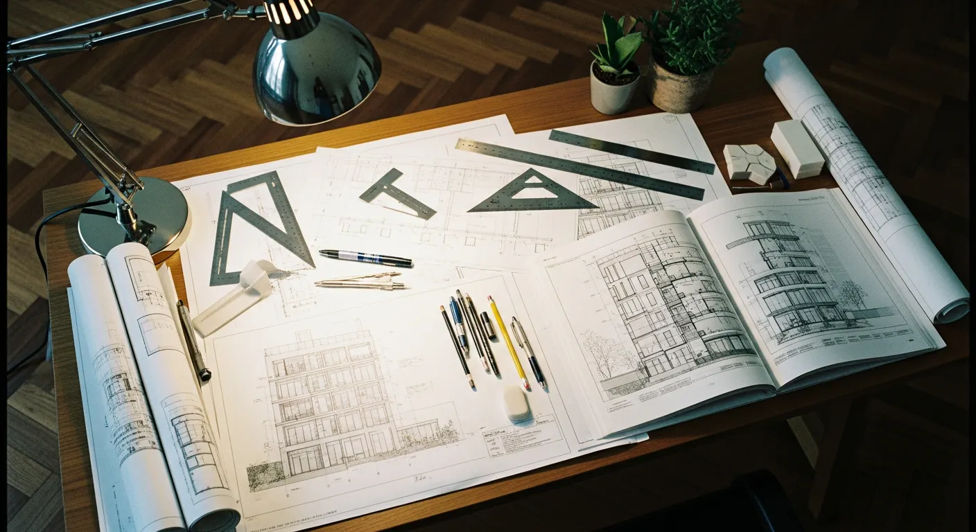 Bureau d'architecte avec plans de surélévation d'immeuble et outils de dessin technique
