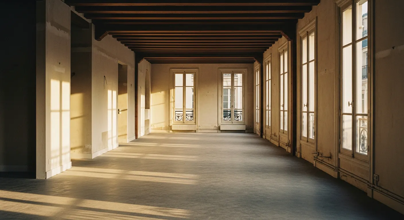 Appartement vendu en plateau brut à aménager, espace vide avec parquet ancien et fenêtres haussmanniennes