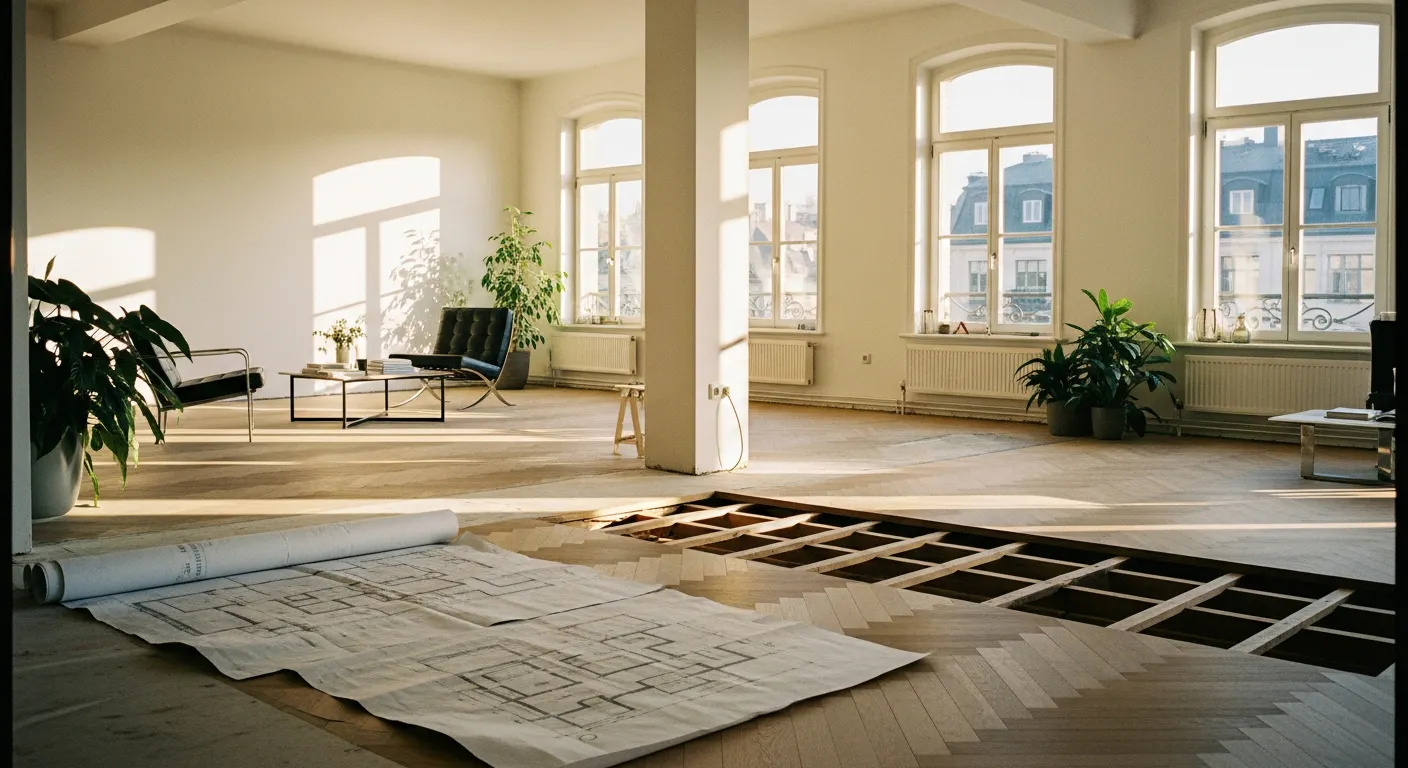 Plateau brut en cours d'aménagement avec plans d'architecte, parquet et grandes fenêtres