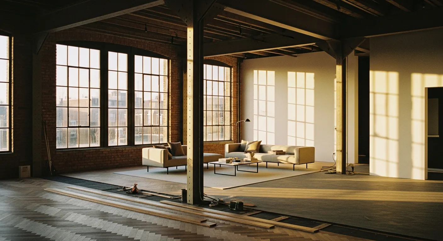 Aménagement intérieur d'un entrepôt converti en loft - changement de destination
