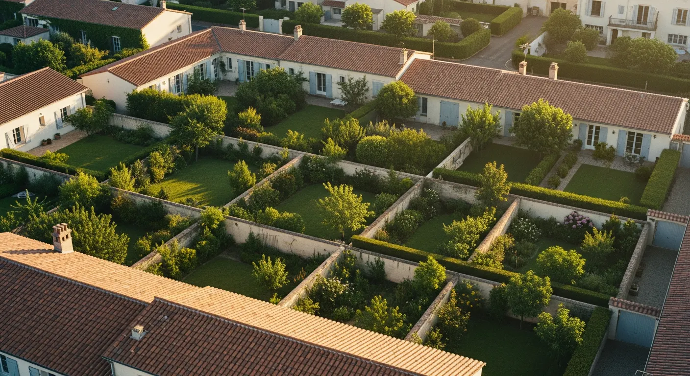 Vue aérienne de parcelles résidentielles délimitées dans un quartier pavillonnaire français