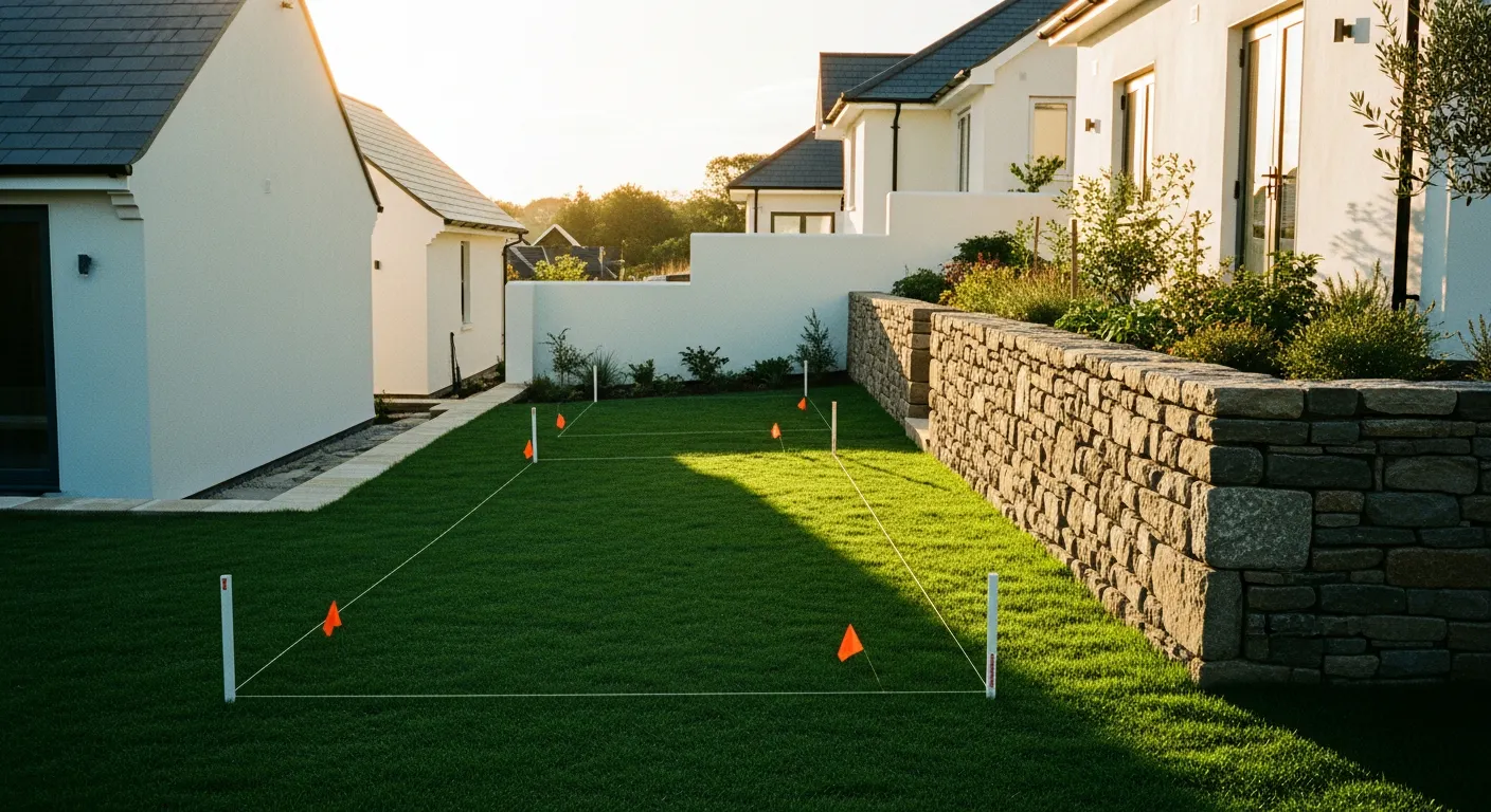 Terrain résidentiel avec bornes de délimitation parcellaire dans un jardin verdoyant
