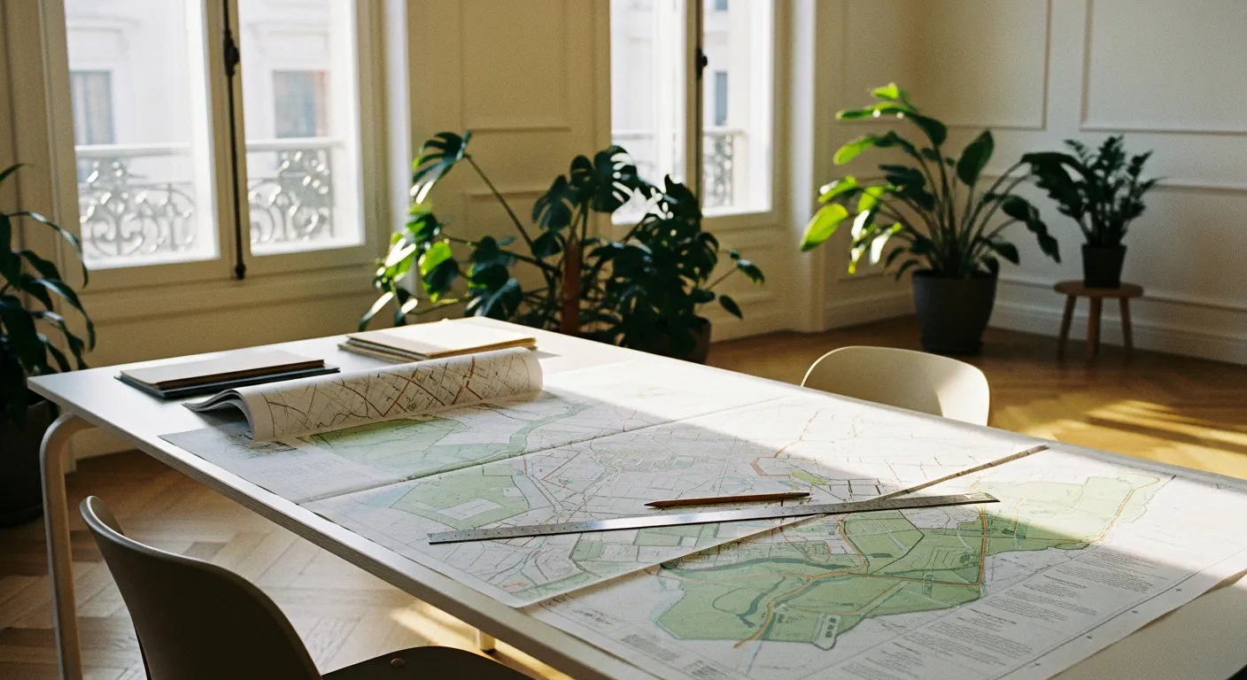 Bureau avec plans d'urbanisme et documents de déclaration préalable pour division parcellaire