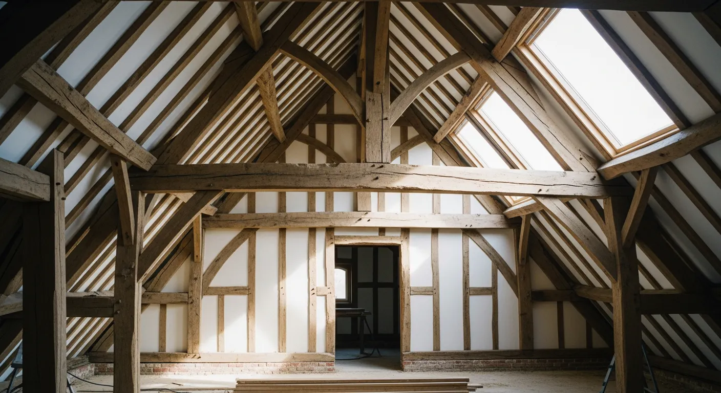 Structure de charpente en bois dans des combles avant aménagement