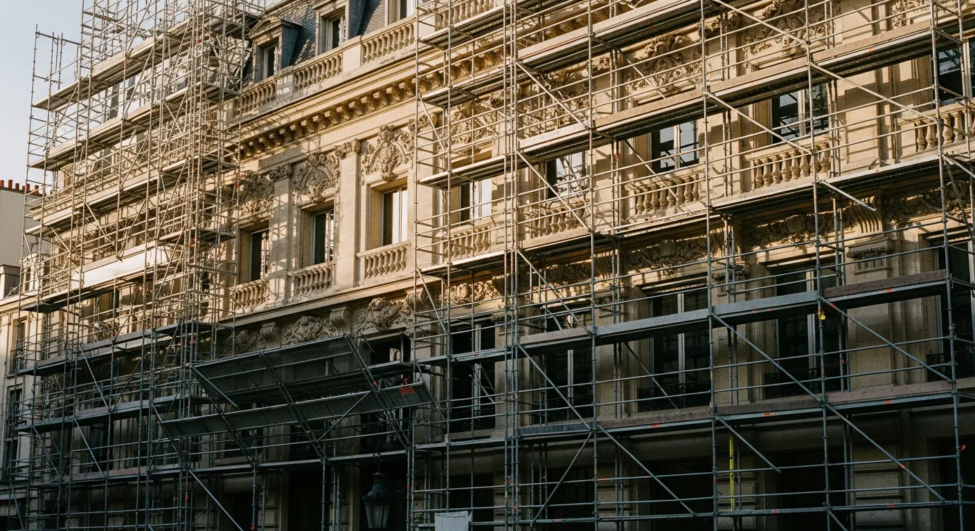 Façade d'immeuble haussmannien en cours de rénovation avec échafaudage