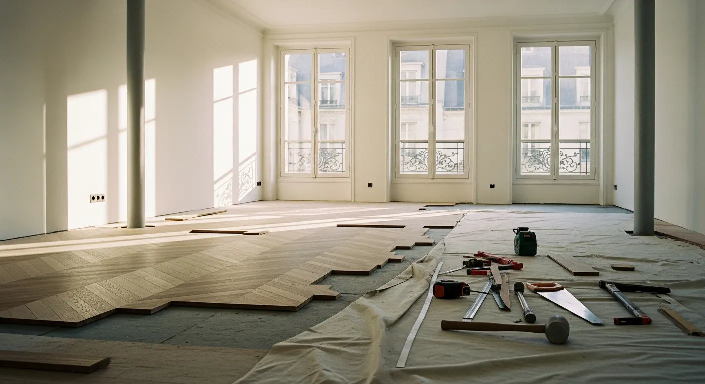 Chantier de rénovation intérieure d'un appartement parisien avec parquet en cours de pose