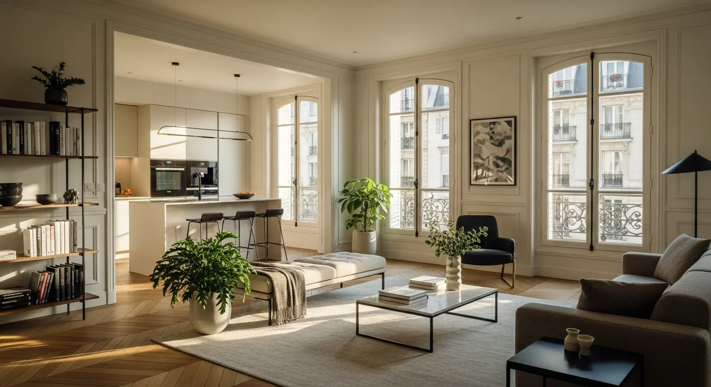 Appartement en colocation lumineux avec salon moderne et cuisine ouverte