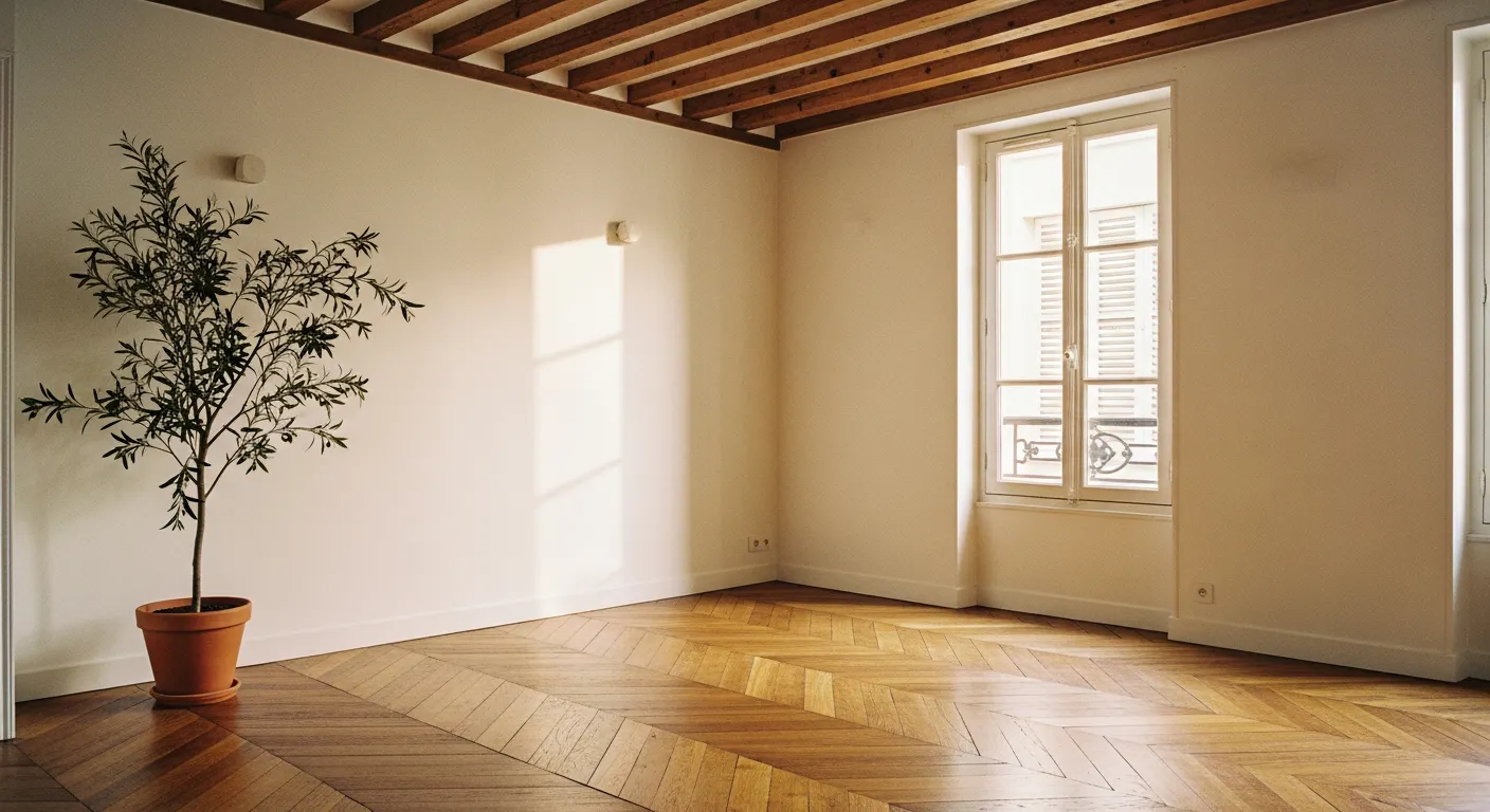 Chambre vide dans appartement parisien avec poutres apparentes