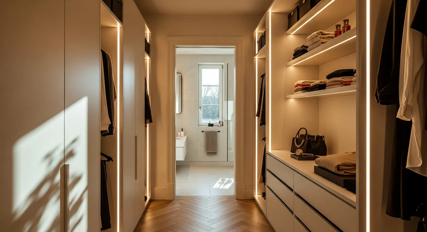 Dressing traversant avec rangements intégrés et éclairage LED dans une suite parentale