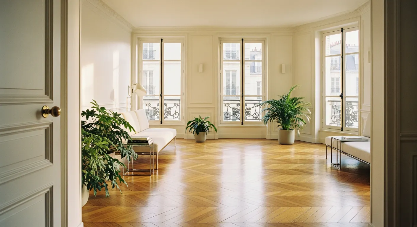 Appartement parisien lumineux avec diagonale visuelle dégagée et mobilier placé contre les murs