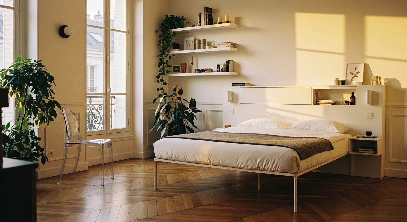 Chambre parisienne avec mobilier surélevé léger et étagères murales pour maximiser la sensation d'espace