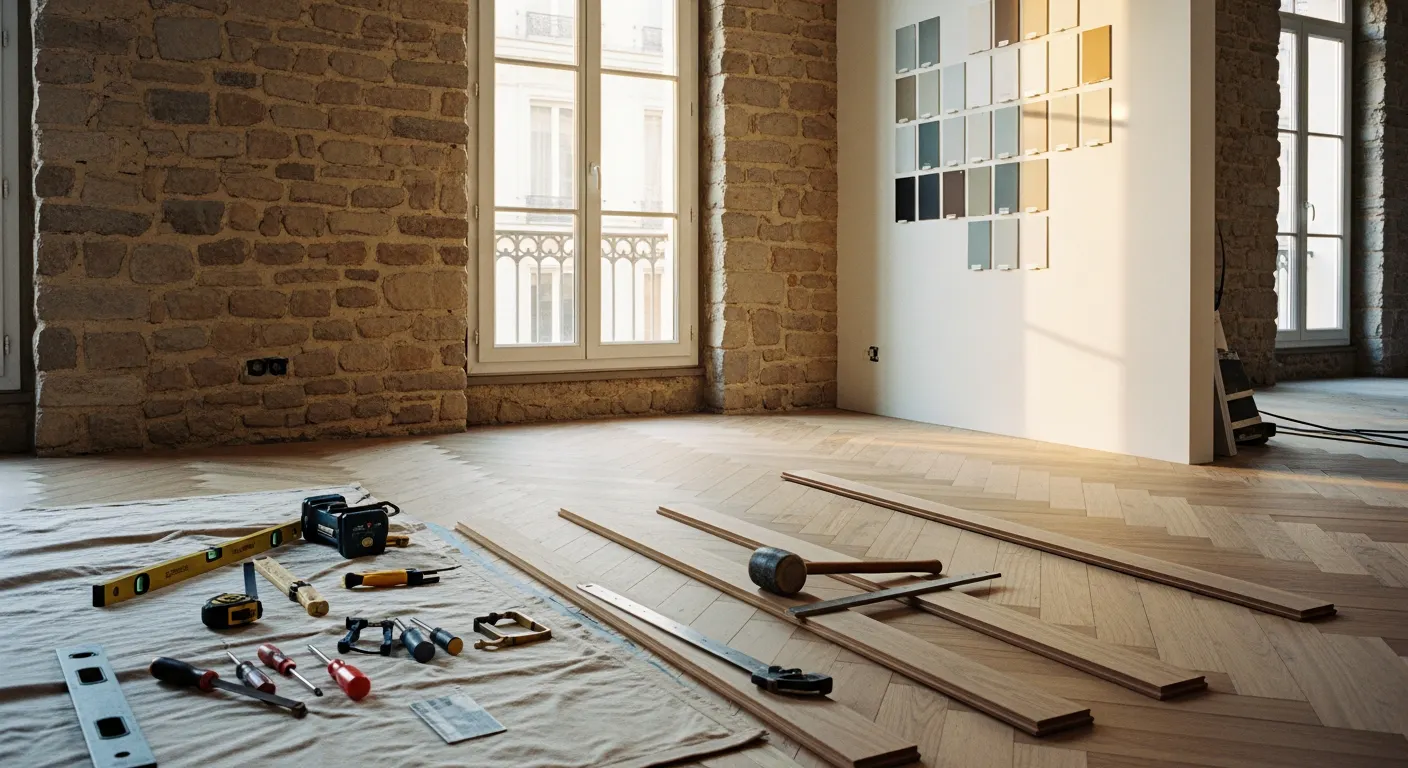 Appartement en cours de rénovation avec parquet neuf et murs en pierre