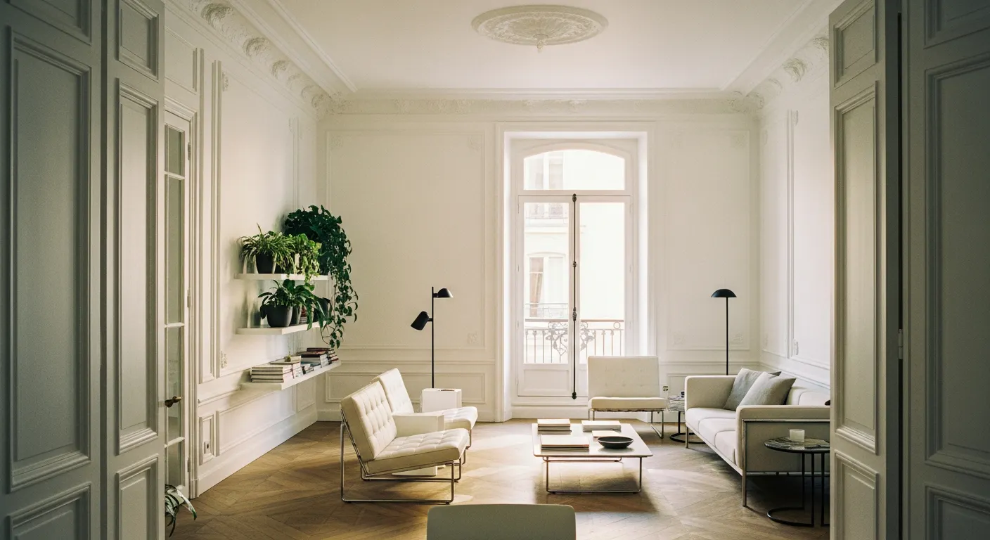 Salon haussmannien rénové avec parquet en chevrons et moulures restaurées