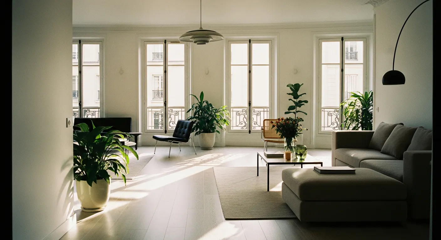 Appartement rénové avec sol en LVT et murs blancs, style éditorial Architectural Digest