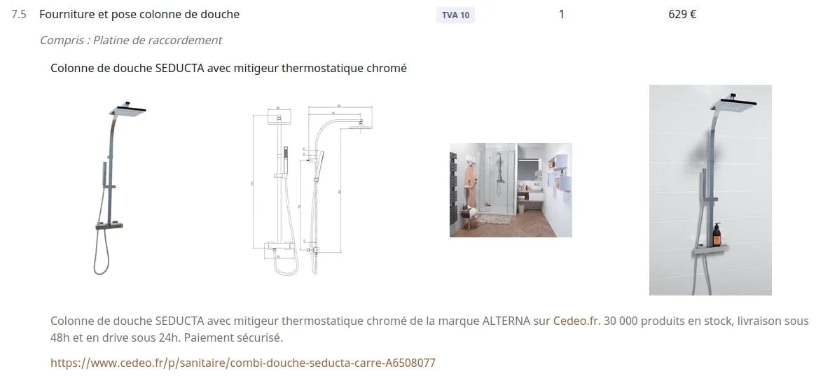 feature devis client fiche fourniture