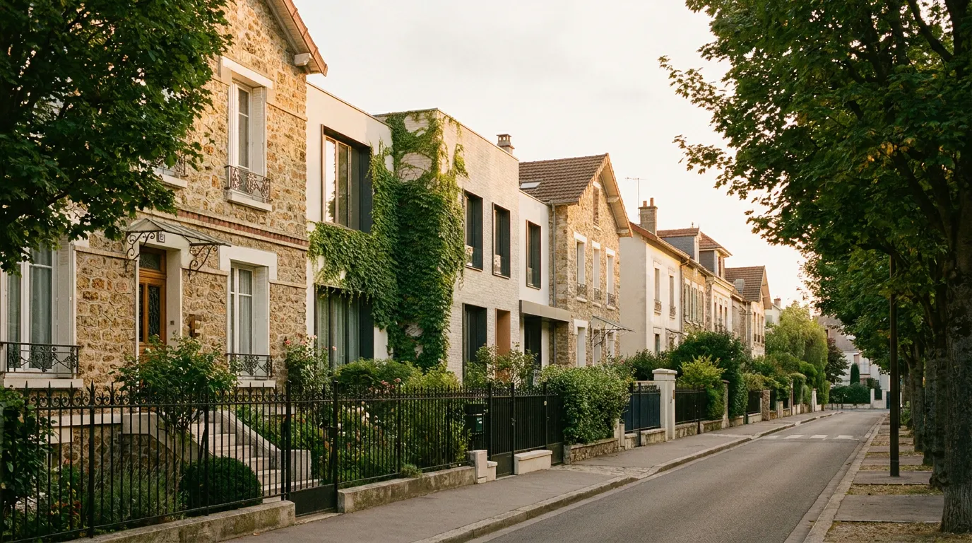 Rue résidentielle avec maisons pavillonnaires à Saint-Ouen