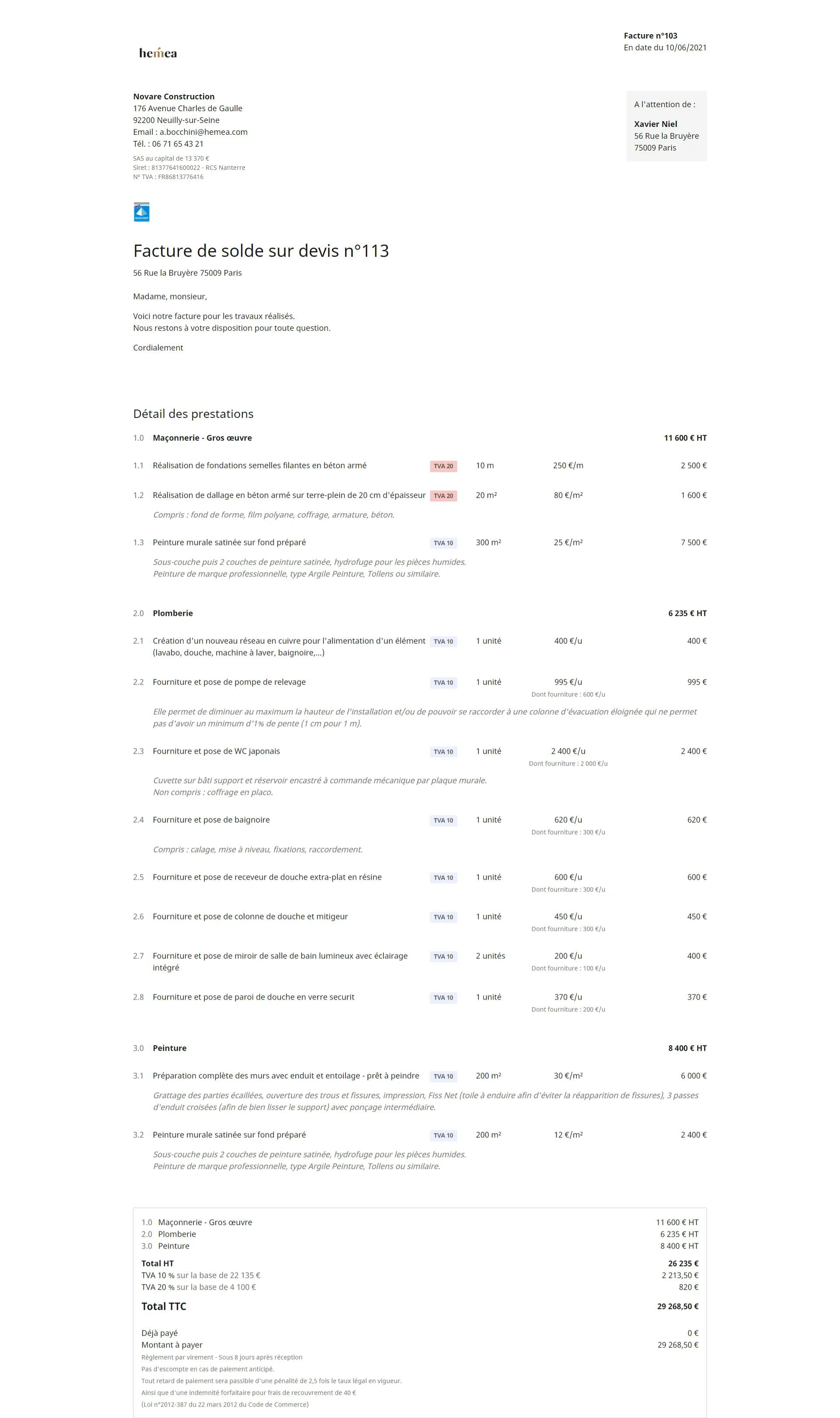 Exemple facture générée par le logiciel de facturation hemea