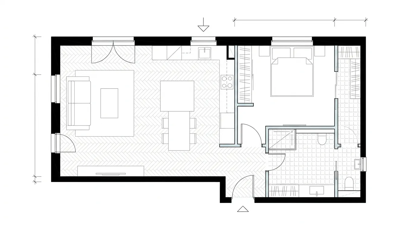 Plan d'architecte d'un appartement rénové de 65 m² avec séjour, cuisine ouverte, chambre et salle d'eau