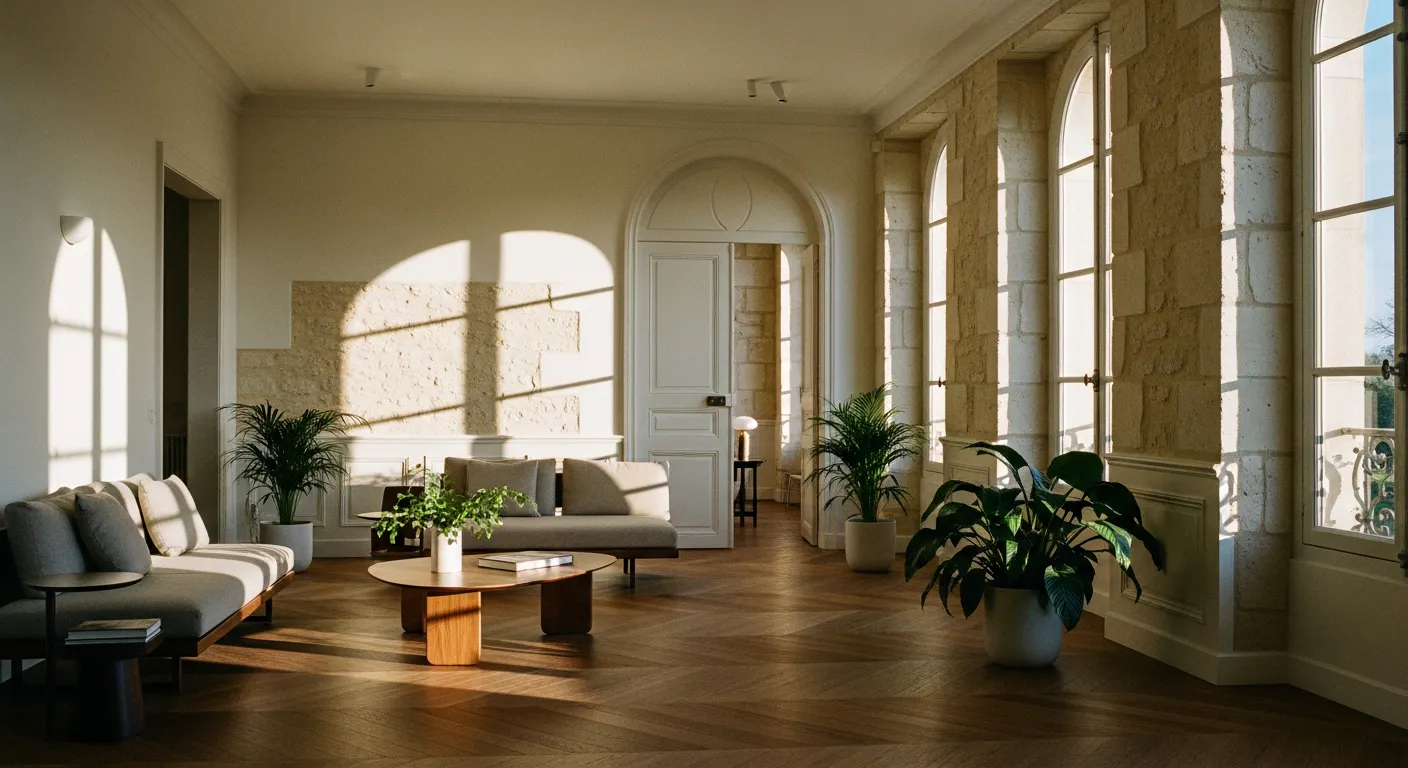 Intérieur élégant rénové à Angers, parquet en chevrons et fenêtres haute lumière