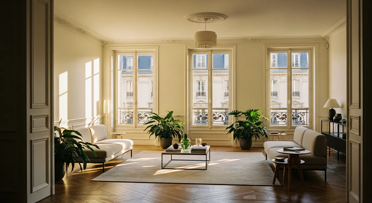 Visite immobilière d'un appartement lumineux avec parquet en chevron