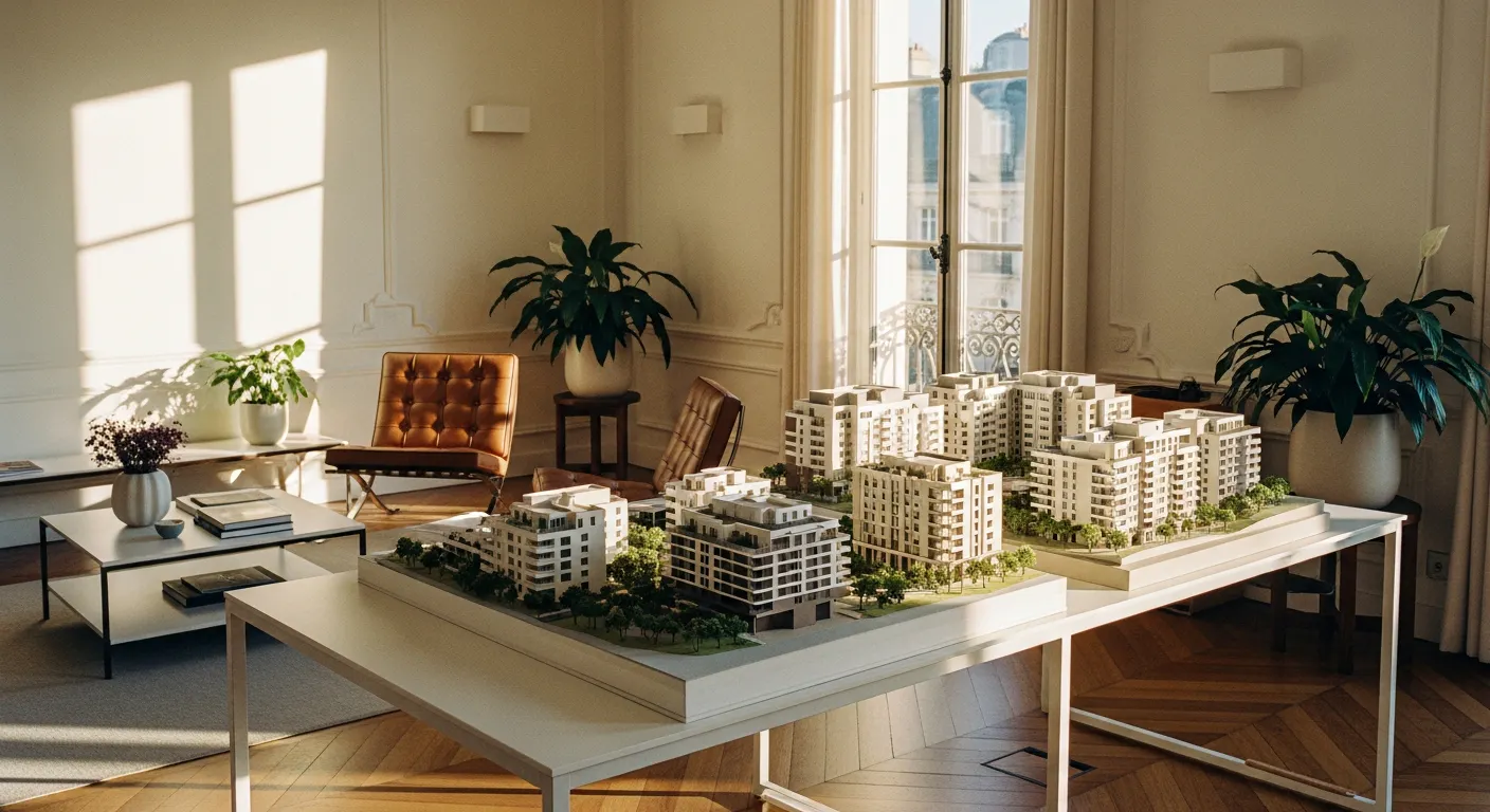 Bureau d'investissement immobilier avec maquettes d'immeubles - holding immobilière