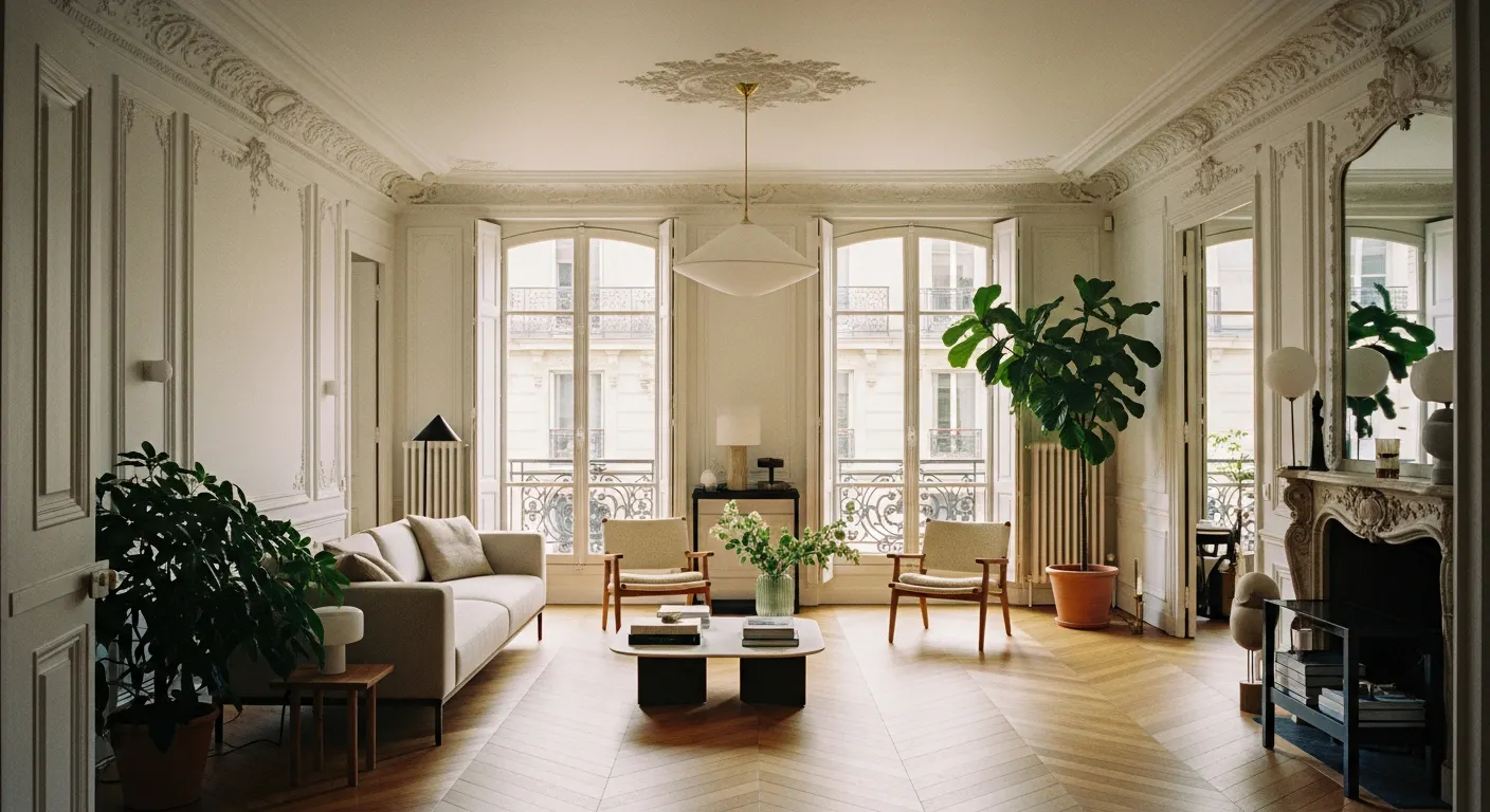 Appartement haussmannien parisien après rénovation complète avec moulures et parquet restaurés