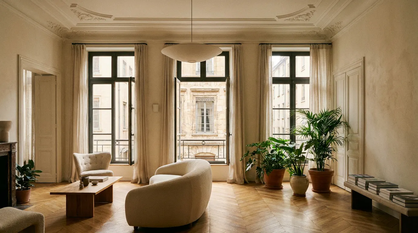 Salon rénové dans un appartement lyonnais lumineux
